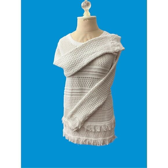 Workshop Republic Clothing Sweaters - Workshop Republic Clothing White Cotton Fringe Sweater / SZ: xs